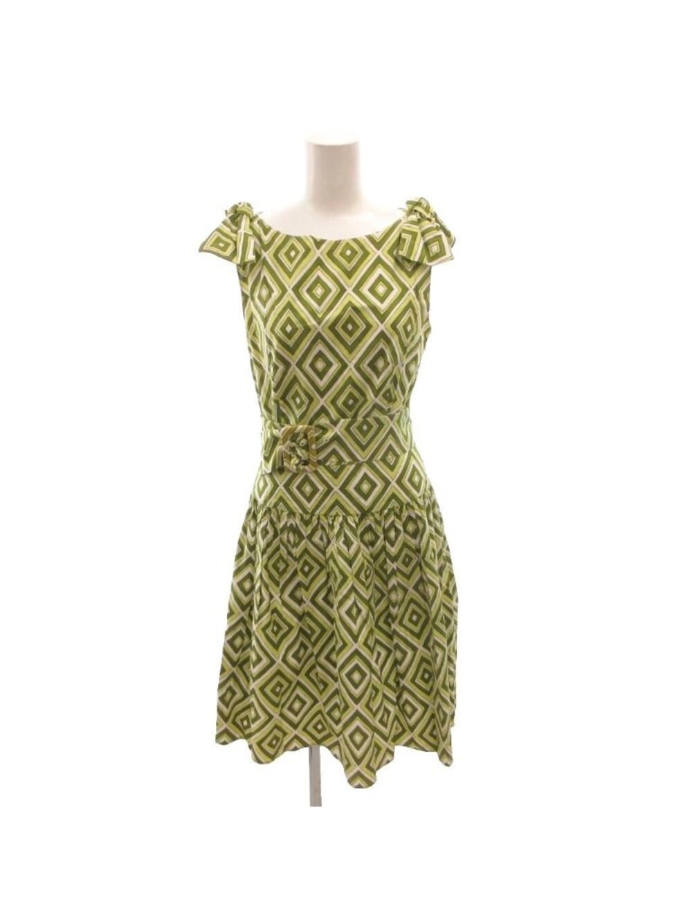 Prada Dress Sleeveless Knee-length All Over Print Ribbon Belt Cotton Green 40